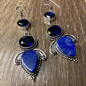 Elegant Blue Lapis Lazuli and Tanzanite Silver Dangle Earrings